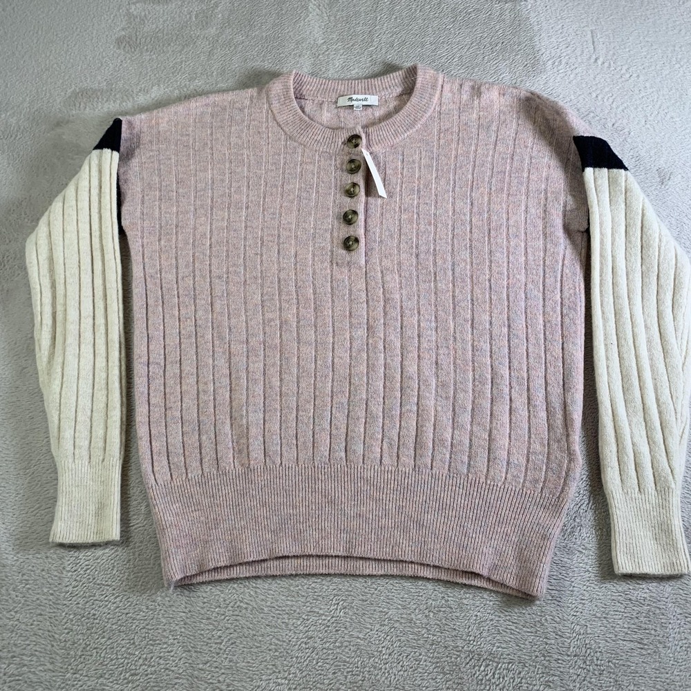 Madewell Sweater Womens XS Pink Henley‎ Crew Neck Knit Long Sleeve Contrast